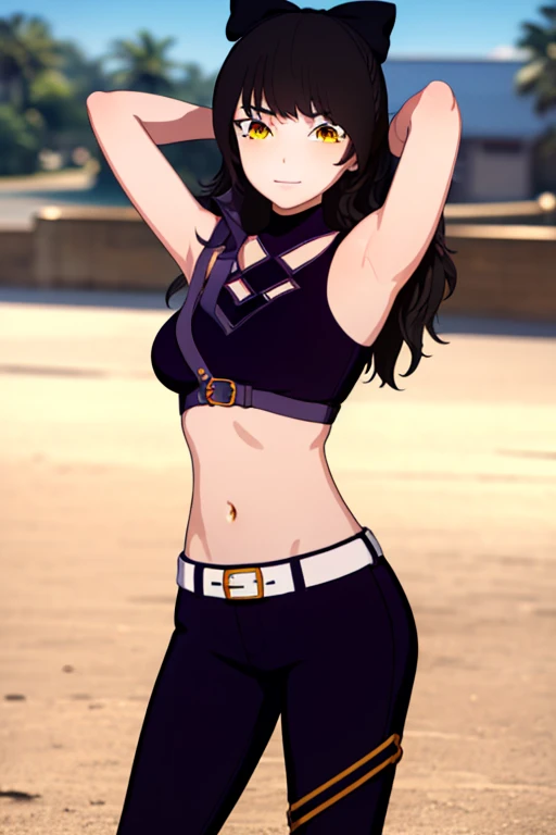 blake, blake, blake belladonna, long hair, black hair, (yellow eyes:1.5), bow, hair bow, black bow, long hair, bangs,
BREAK navel, midriff, belt, jacket, white jacket, long sleeves, open clothes, halterneck, criss-cross halter, pants, black pants,
BREAK looking at viewer, full body, (cowboy shot:1.5),
BREAK outdoors, smile, arms behind head, spread armpits, forest, dark sky, contrapposto,
BREAK (masterpiece:1.2), best quality, high resolution, unity 8k wallpaper, (illustration:0.8), (beautiful detailed eyes:1.6), extremely detailed face, perfect lighting, extremely detailed CG, (perfect hands, perfect anatomy),