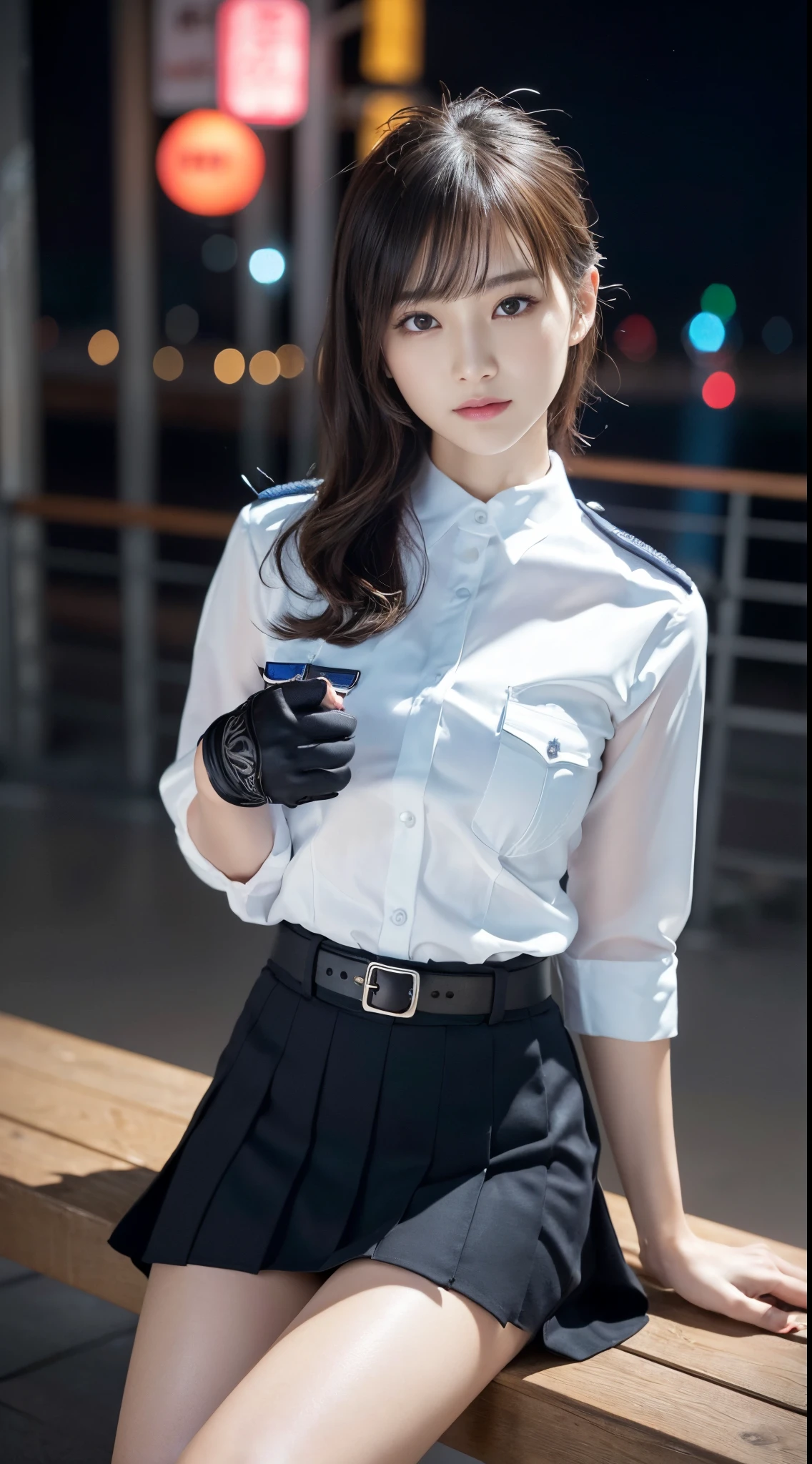 Innocent 20 year old girl、((Japan Police Officer, sexy police uniform, Skirt, Cute and elegant, Dramatic poses)),Smile,night city background,short-cut、Raw photo, (8K、top-quality、masterpiece:1.2)、(intricate detailes:1.4)、(Photorealsitic:1.4)、octane renderings、Complex 3D rendering ultra detail, Studio Soft Light, Rim Lights, vibrant detail, super detailing, realistic skin textures, Detail Face, Beautiful detail eyes, Very detailed CG Unity 16k wallpaper, make - up, (detailedbackground:1.2), shinny skin, Full body,Hands down、Spread your legs and show your panties,sit on a bench