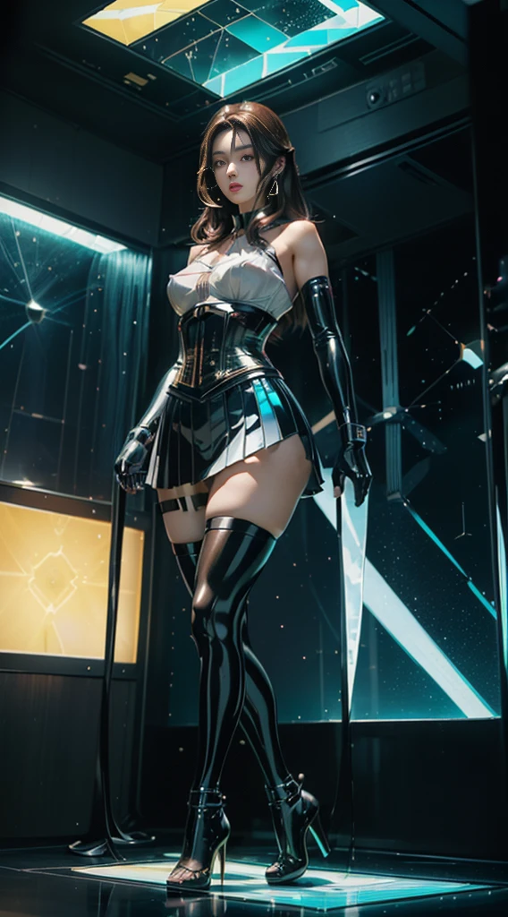 (gotou airi), (long legs, thick thighs, narrow waist:1.2, wide hips:1.4), (thick lips), lipstick, long eyelashes, long dark hair, (thin toned body, cyber circuits corset). (biologic translucent tight arab long skirt), (luminescent crystalline sexy platform heels), (futuristic holographic legwear), mature, detailed face, detailed body