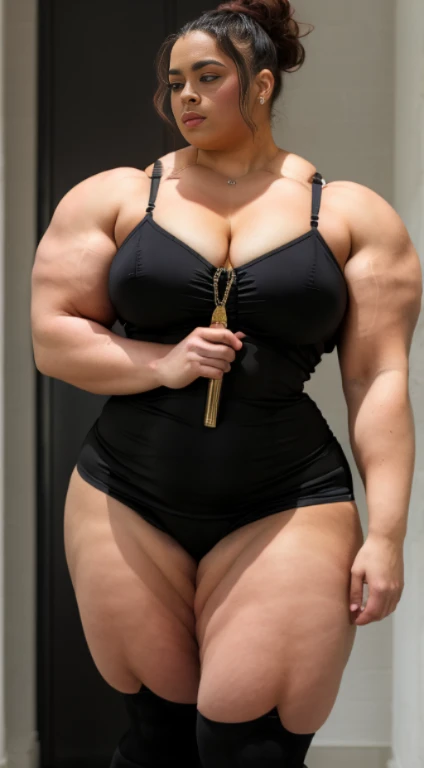 A large thick woman , wide hips, wide waist, wide shoulders, large torso , muscular biceps , Generate a full length fashion portrait of an overweight fat Ashley banks, huge muscular pecs, wearing a pink tight satin dress, black opaque stockings , in a bar