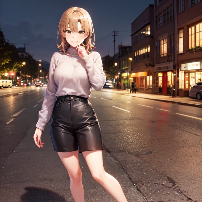masutepiece, High quality, Best Quality, High resolution, 4K, High Definition, Beautiful lighting, Highly detailed face, well-drawn hands, well-drawn legs, well-drawn feet, (((well-drawn eyes))),Isshiki Roha, shorth hair, brown haired, wetting hair,Brown-eyed, Larger sweater, skinny pants,A smile, Solo,Black pin heels,In the street,Cold sky,