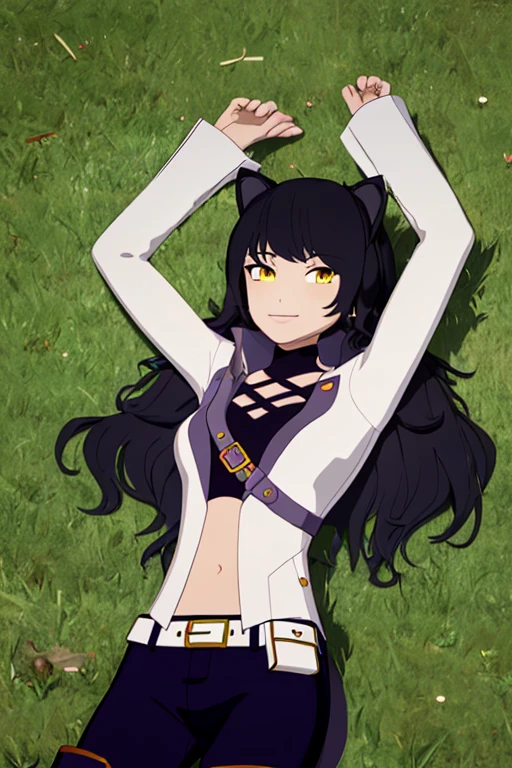 ((masterpiece,best quality)), 
Blake_RWBY,   1girl, solo, black hair, long hair, cat ears, animal ears, yellow eyes,
 belt, midriff, pants, jacket, 
solo, smiling, looking at viewer, solo, smile, cowboy shot, lying, on back, on grass, arms up, blue pants. closed mouth, spread arms,
cinematic composition,