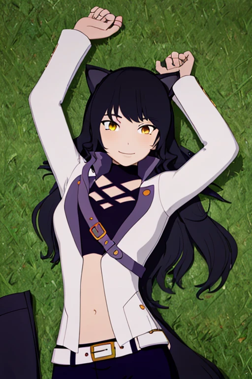 ((masterpiece,best quality)), 
Blake_RWBY,   1girl, solo, black hair, long hair, cat ears, animal ears, yellow eyes,
 belt, midriff, pants, jacket, 
solo, smiling, looking at viewer, solo, smile, cowboy shot, lying, on back, on grass, arms up, blue pants. closed mouth, spread arms,
cinematic composition,