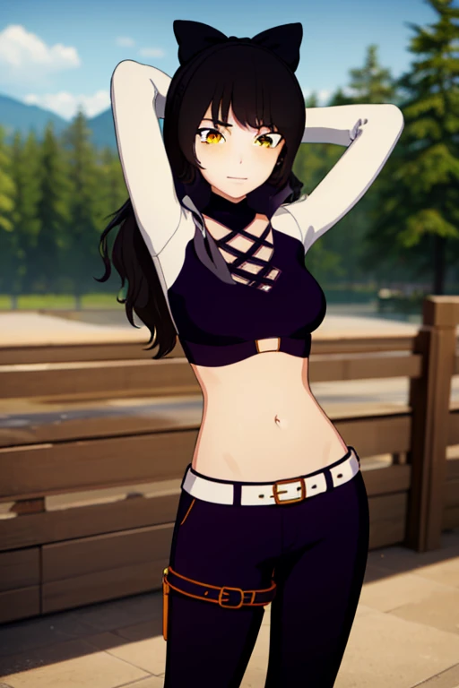 blake, blake, blake belladonna, long hair, black hair, (yellow eyes:1.5), bow, hair bow, black bow, long hair, bangs,
BREAK navel, midriff, belt, jacket, white jacket, long sleeves, open clothes, halterneck, criss-cross halter, pants, black pants,
BREAK looking at viewer, full body, (cowboy shot:1.5),
BREAK outdoors, smile, arms behind head, spread armpits, forest, dark sky, contrapposto,
BREAK (masterpiece:1.2), best quality, high resolution, unity 8k wallpaper, (illustration:0.8), (beautiful detailed eyes:1.6), extremely detailed face, perfect lighting, extremely detailed CG, (perfect hands, perfect anatomy),