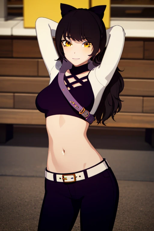 blake, blake, blake belladonna, long hair, black hair, (yellow eyes:1.5), bow, hair bow, black bow, long hair, bangs,
BREAK navel, midriff, belt, jacket, white jacket, long sleeves, open clothes, halterneck, criss-cross halter, pants, black pants,
BREAK looking at viewer, full body, (cowboy shot:1.5),
BREAK outdoors, smile, arms behind head, spread armpits, forest, dark sky, contrapposto,
BREAK (masterpiece:1.2), best quality, high resolution, unity 8k wallpaper, (illustration:0.8), (beautiful detailed eyes:1.6), extremely detailed face, perfect lighting, extremely detailed CG, (perfect hands, perfect anatomy),