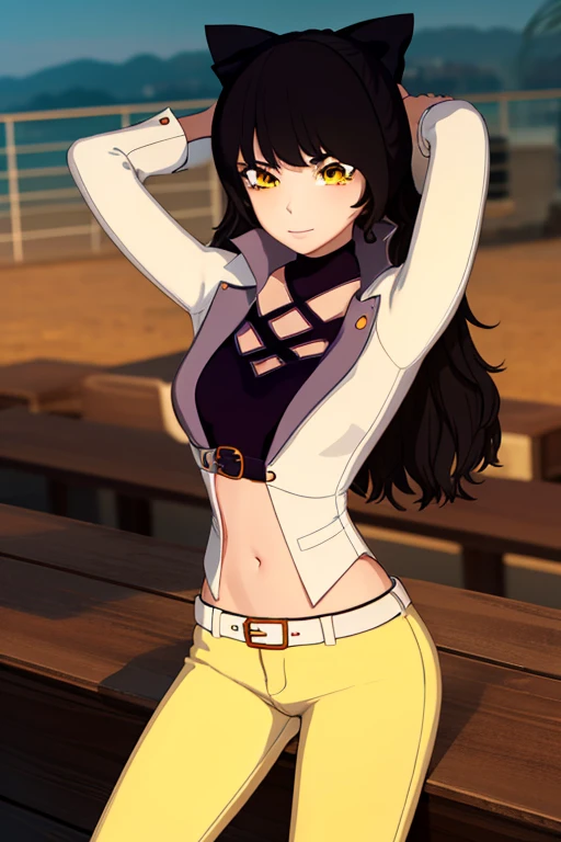 blake, blake, blake belladonna, long hair, black hair, (yellow eyes:1.5), bow, hair bow, black bow, long hair, bangs,
BREAK navel, midriff, belt, jacket, white jacket, long sleeves, open clothes, halterneck, criss-cross halter, pants, black pants,
BREAK looking at viewer, full body, (cowboy shot:1.5),
BREAK outdoors, smile, arms behind head, spread armpits, forest, dark sky, contrapposto,
BREAK (masterpiece:1.2), best quality, high resolution, unity 8k wallpaper, (illustration:0.8), (beautiful detailed eyes:1.6), extremely detailed face, perfect lighting, extremely detailed CG, (perfect hands, perfect anatomy),