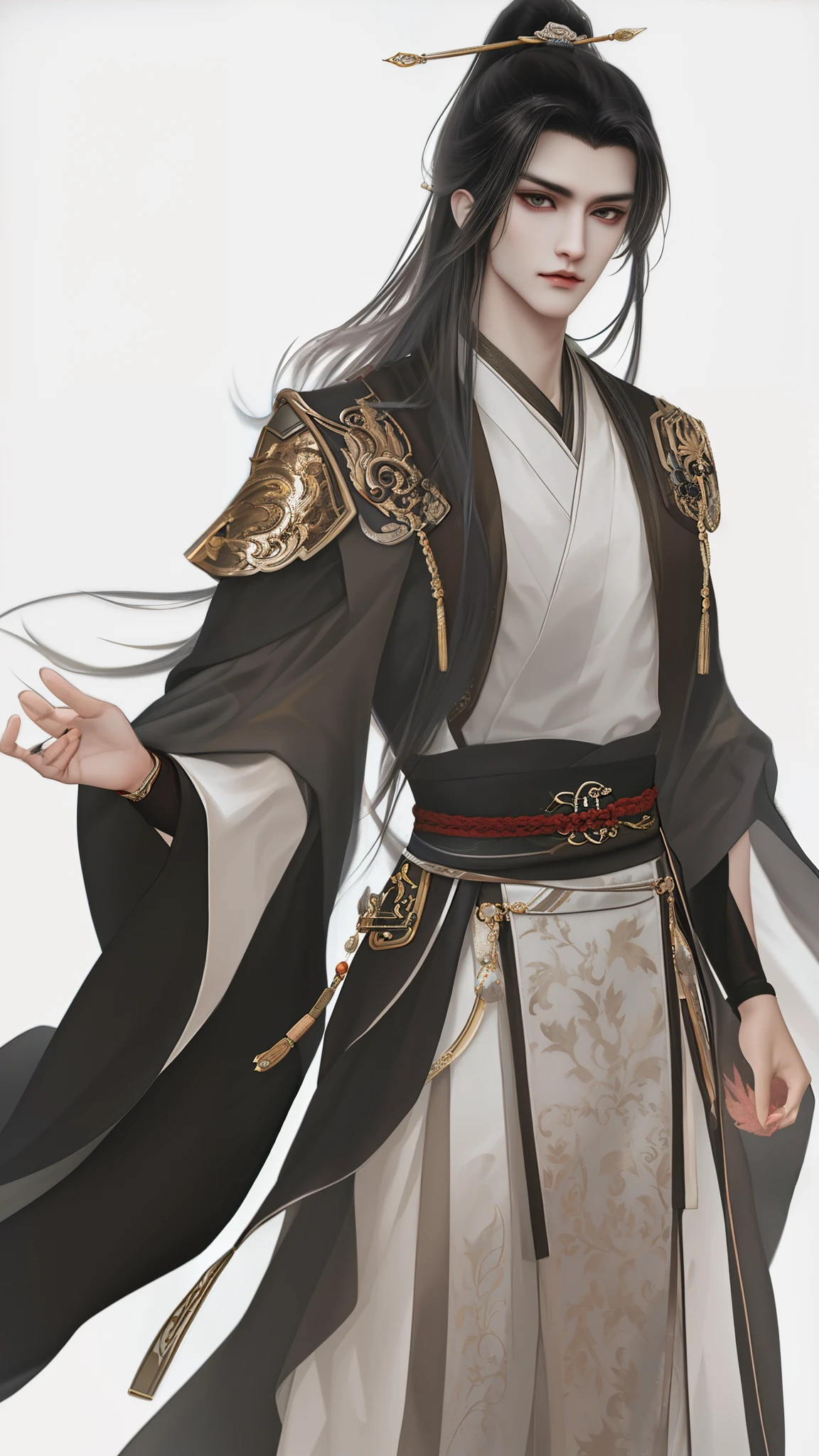 man wearing brown and white clothes, Wallpapers,high ponytails,heise jinyao, The exquisite prince, Inspired by Bian Shoumin, inspired by Guan Daosheng, full body xianxia, Beautiful prince, inspired by Zhang Han, inspired by Zhao Yuan,, flowing hair and long robes, longer sleeves,Narrow cuffs,robe,zhao yun, xianxia hero,white backgrounid,Eye focus,a sharp gaze,A high resolution,tmasterpiece,Best quality,32K,fix the hand,