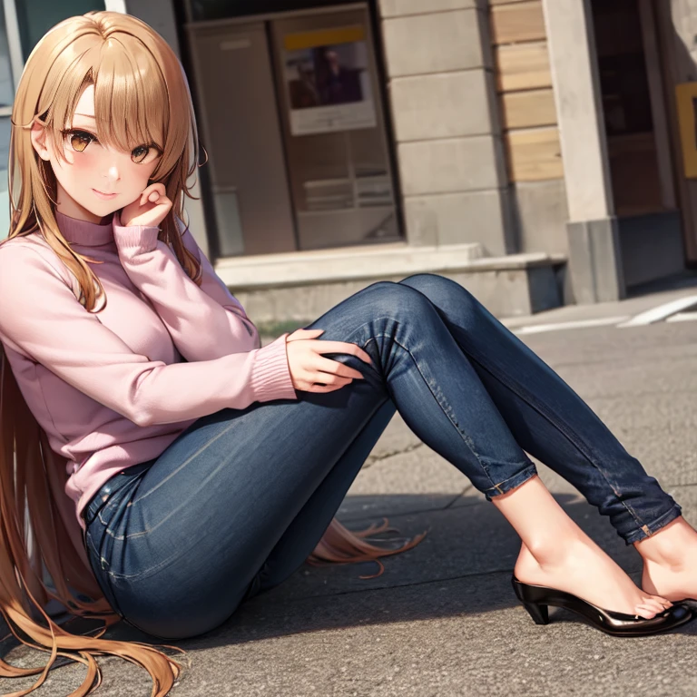 masutepiece, High quality, Best Quality, High resolution, 4K, High Definition, Beautiful lighting, Highly detailed face, well-drawn hands, well-drawn legs, well-drawn feet, (((well-drawn eyes))),Isshiki Roha, Long hair, brown haired, ,Brown-eyed, Larger sweater, Skinni pants,A smile, Solo,Black pin heels,In the street,Cold sky,