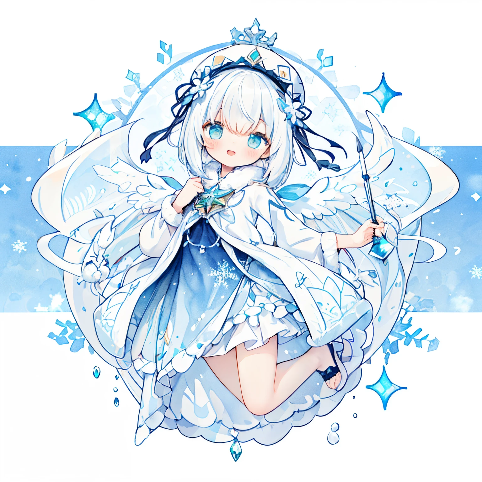 1girl in:1.5、、(PastelColors:1.3)、(Cute illustration:1.3)、(watercolor paiting:1.1)、(She wears transparent and sparkling crystal wings.。.。.。.。.。.。.。.。:1.5)、A smile、Hands under the chin、
Detailed background、Smile with open mouth、Beautifully detailed、Moya、colourfull、marble、Particles of light、patterns、rightward、Shirayuki Noel、Snowflake、Diamond Dust、White hair、Braid hair、jumpping、levitation、full bodyesbia、Knitted hats、
Detailed drawing、Vibrant colors、striking contrast、intricate detailes、Delicate depiction、Luminescent、From the side、Beautiful facial features、appropriate color eyes、Wearing intricate and delicate ornaments、glowing aura、Radiant hair,Illuminated by the morning light、winter wreath、Pale light blue background、Fairy with a bouquet Fairy、White hair、Bun head、jumpping、levitation、full body Esbian、Thick wool gown:0.5