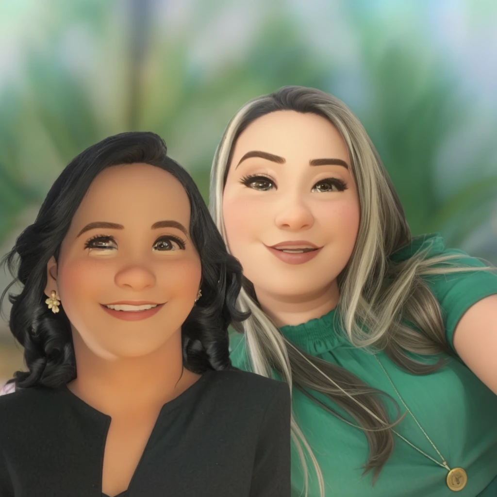Duas mulheres, uma sorrindo e a outra fazendo biquinho, estilo Disney pixar, alta qualidade, melhor qualidade