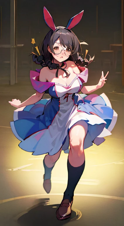 Stema Peace、hanekawa tsubasa、attack of glasses、A dark-haired、large boob、 (Black hair, Brown eyes, Round face),With ribbon, (nose blush, half opened eye),, [Full body shot]、eye glass、Head-to-toe shots、A dark-haired、Dressed as a bunny girl、、