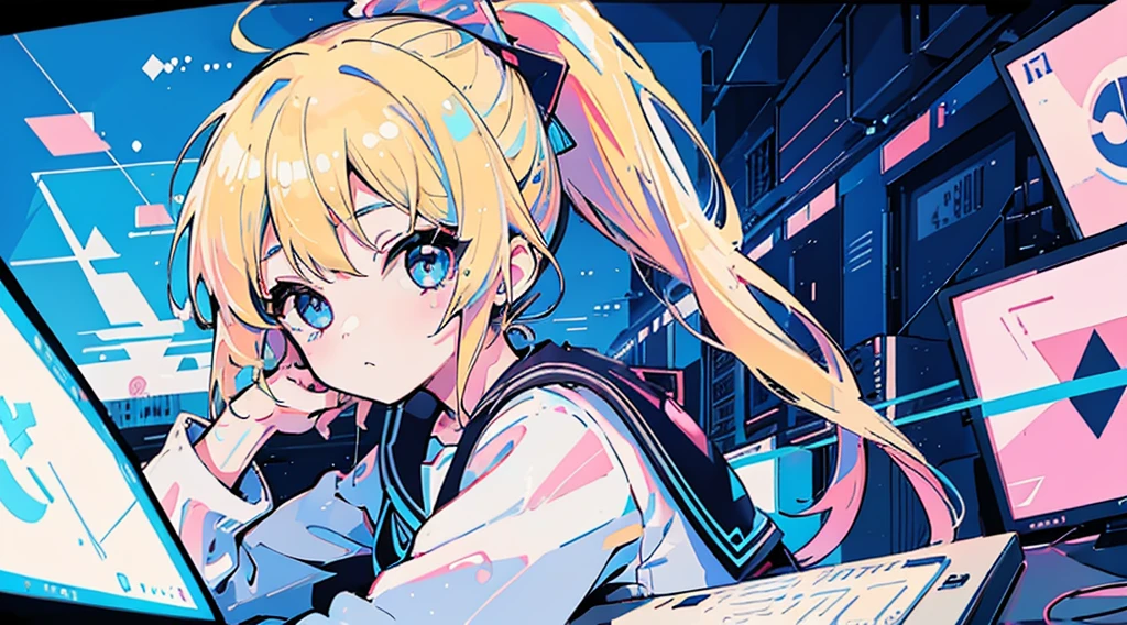 (1 girl, blonde hair, ponytail, blue eyes, sailor suit, headphone, kawaii), (blue cyberpunk, room with big monitors, blue neon)