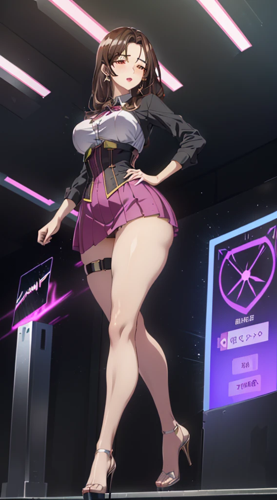 (gotou airi), (long legs, thick thighs, narrow waist:1.2, wide hips:1.4), (thick lips), lipstick, long eyelashes, long dark hair, (thin toned body, cyber circuits corset). (biologic translucent tight long skirt), (luminescent crystalline sexy platform heels). (futuristic holographic legwear), mature, detailed face, detailed body