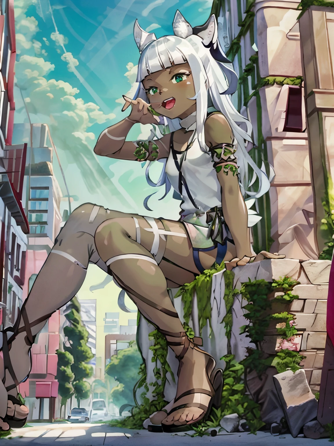 Ochette, 1girl, dark skin, white hair, city, green eyes, giantess, tall, cute, full body picture, buildings, gao, larger than buildings, best quality, pink dress, metal bracelets, skyscrapers, flat ground, street, ground visible, black shorts, adorable, kind, gentle, empty hands, small build, slim, curious, detailed mouth, size difference, sitting on building, sandals, holding bow
