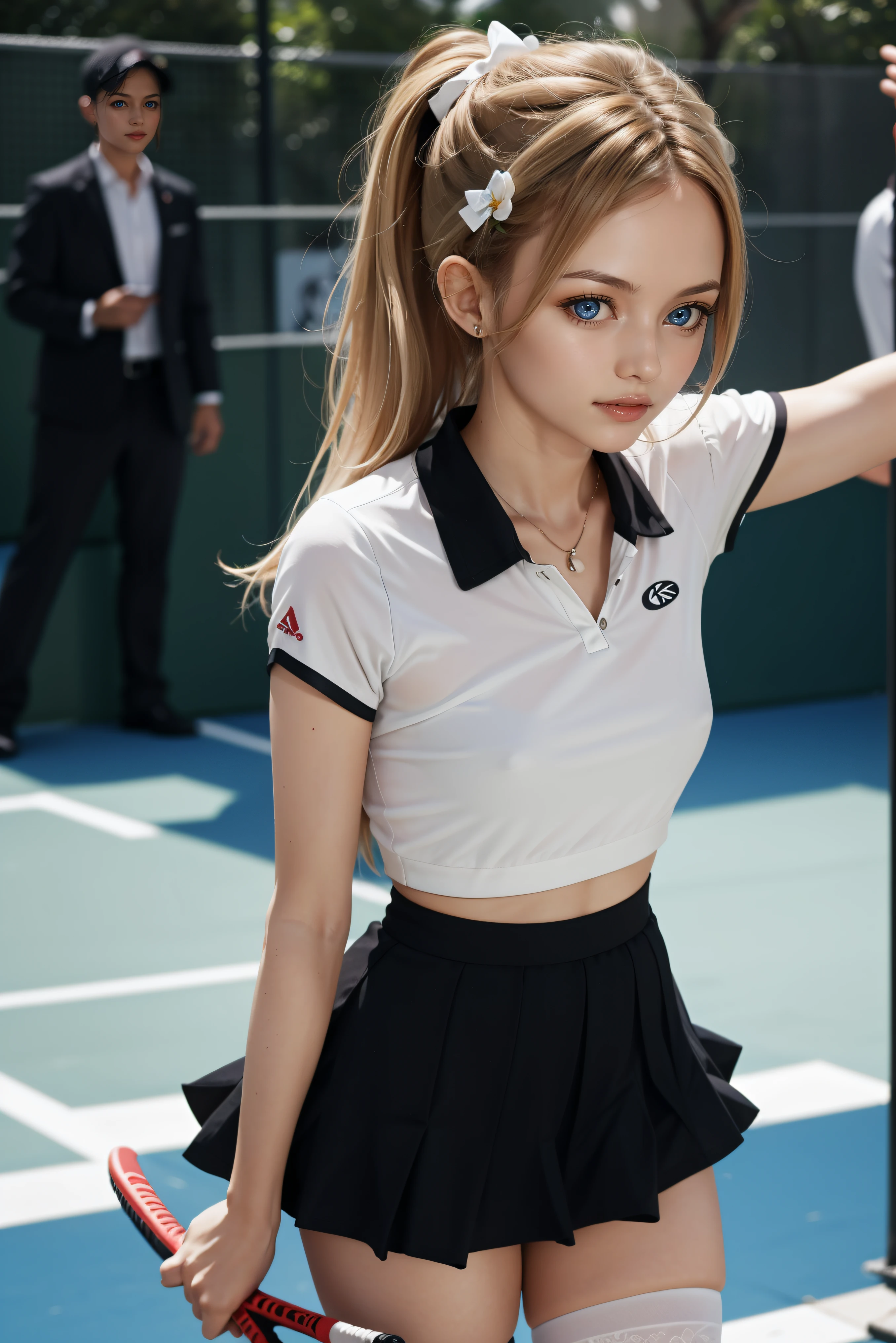 masterpiece, high res, 4k, (perfect anatomy:1.5), perfect long legs, perfect arms, cute face, rose cheeks, white stockings, tennis player, cute black and white tennis outfit, mini pleated skirt, full body, long blonde hair with white bows and ribbons, pigtails, tiny body