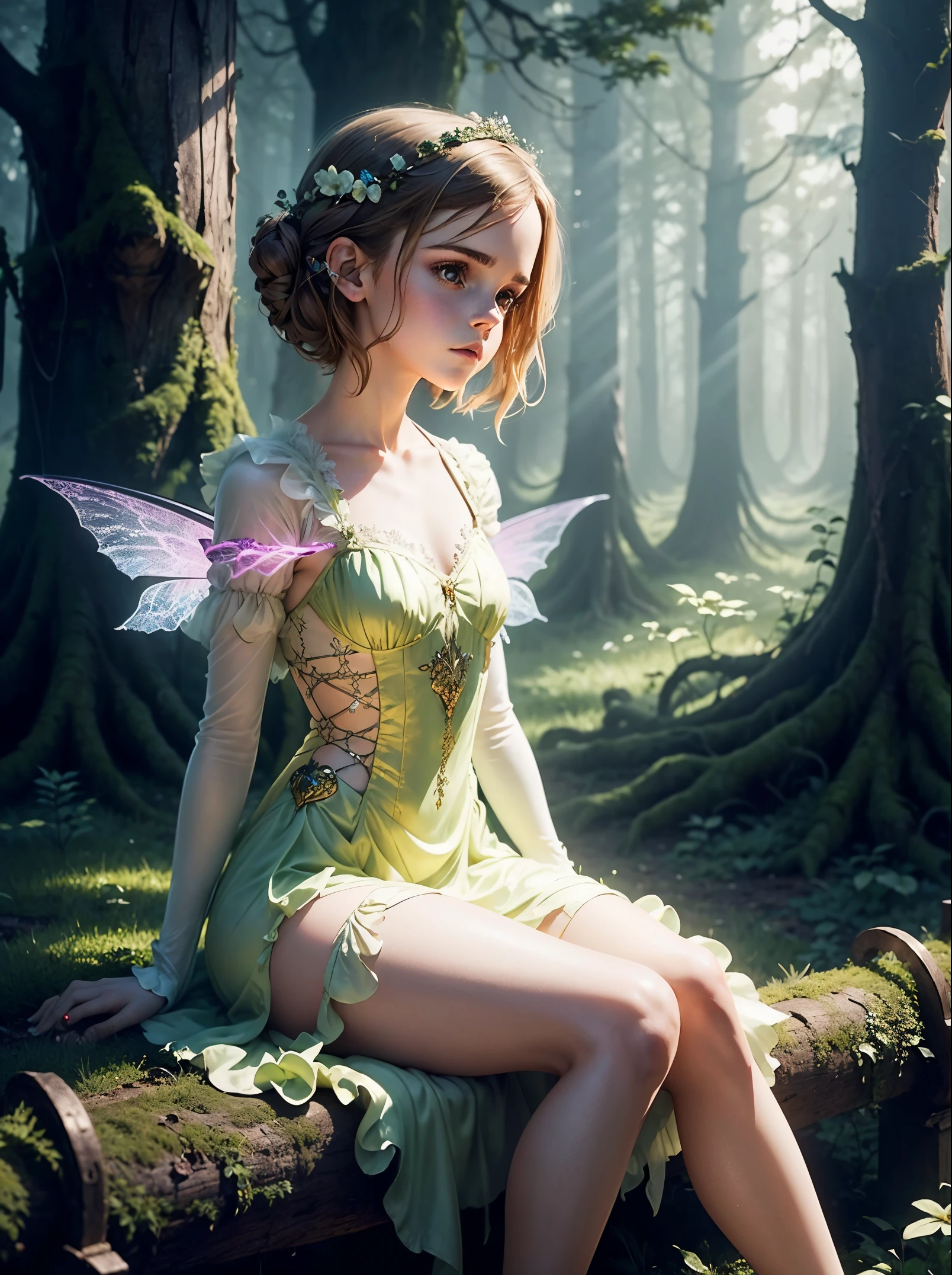 (best quality,4k,8k,highres,masterpiece:1.2),ultra-detailed,realistic,beautiful fairy, bound and gagged (rope, cloth), sheer skirt, gr3ysh33r, ethereal, magical, dark forest, soft lighting, enchanting colors.