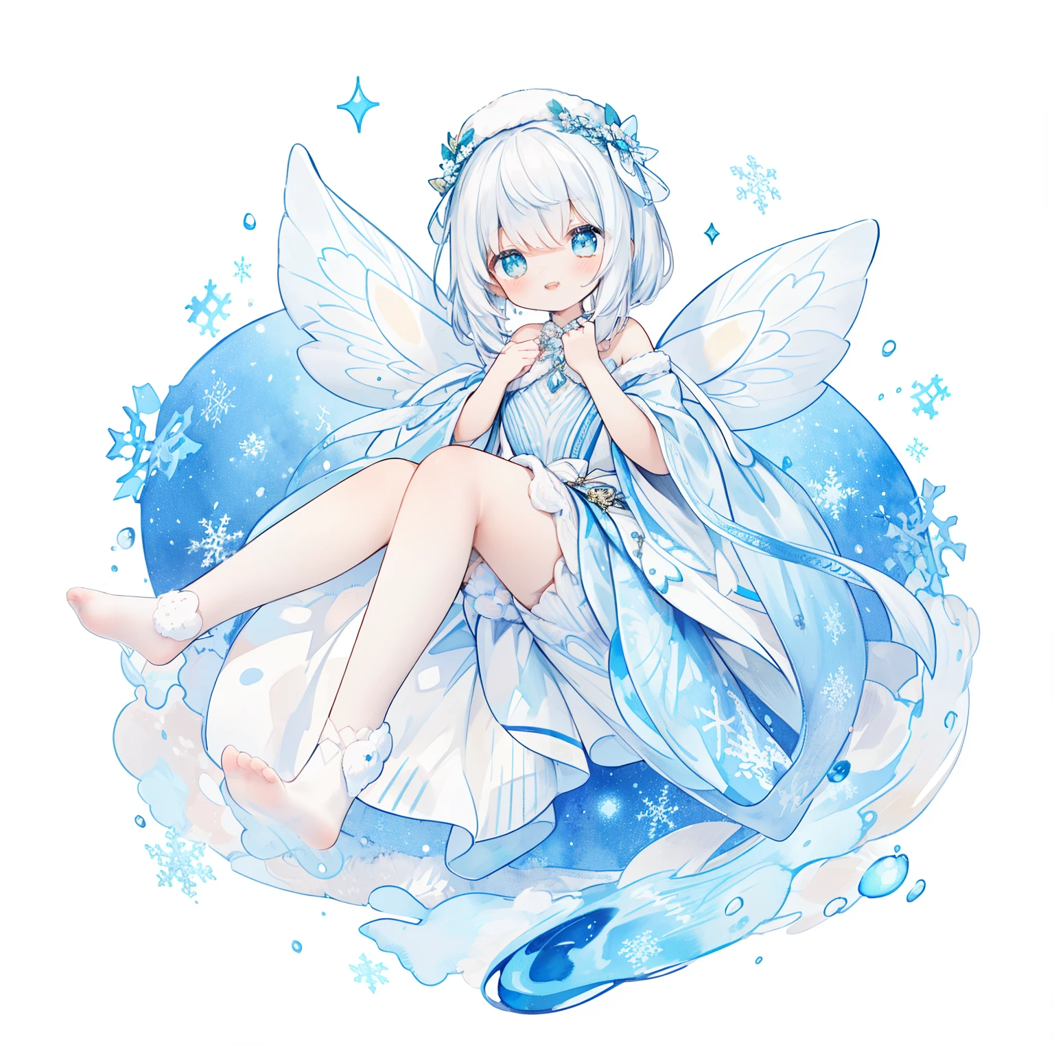 1girl in:1.5、、(PastelColors:1.3)、(Cute illustration:1.3)、(watercolor paiting:1.1)、(She wears transparent and sparkling crystal wings.。.。.。.。.。.。.。.。.。:1.5)、A smile、Hands under the chin、
Detailed background、Smile with open mouth、Beautifully detailed、Moya、colourfull、marble、Particles of light、patterns、rightward、Shirayuki Noel、Snowflake、Diamond Dust、White hair、Braid hair、jumpping、levitation、full bodyesbia、Knitted hats、
Detailed drawing、Vibrant colors、striking contrast、intricate detailes、Delicate depiction、Luminescent、From the side、Beautiful facial features、appropriate color eyes、Wearing intricate and delicate ornaments、glowing aura、Radiant hair,Illuminated by the morning light、winter wreath、Pale light blue background、Fairy with a bouquet Fairy、White hair、Bun head、jumpping、levitation、full body Esbian、Thick wool gown:0.5