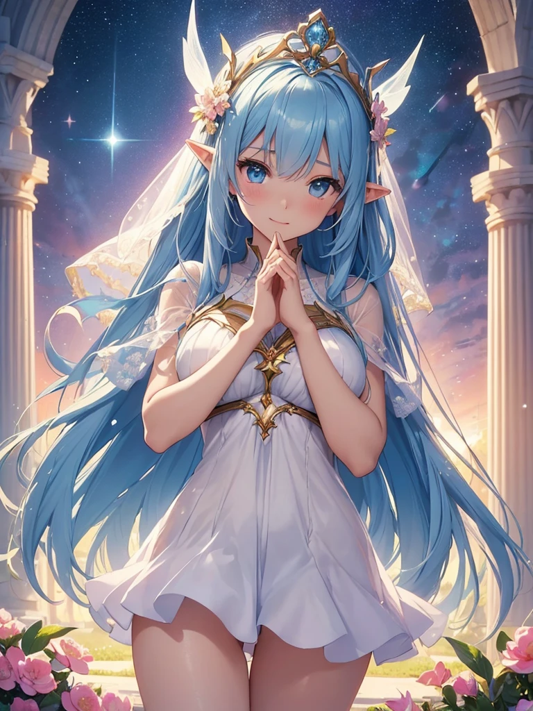 top-quality、Top image quality、masterpiece、Super beautiful fairy girl((24 year old、Best Bust、big bast、Bust 90,beautiful blue long ironed hair、A slender、a closeup、Esbian、beautiful tiara、hiquality、Beautiful Art、Background with((starrysky)))masutepiece、visualart、depth of fields、low angle of morning sky、、Elven ears、、light magic、space night、harp melody🎵、Happy smile、Gentle light、、Beautiful and skin-friendly legs、、、Number of fingers to achieve precise finger movements、ticker beautiful dress、elegent、Mystical Rosa、 field under the flower garden、Marble columns, beautiful dressery)light to the world!prayer of hope🙏、Open your arms、appreciate!