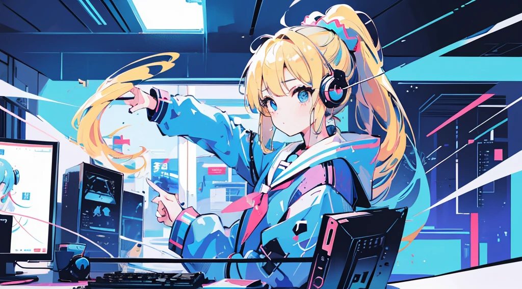 (1 girl, blonde hair, ponytail, blue eyes, sailor suit, headphone, kawaii), (blue cyberpunk, room with big monitors, blue neon)