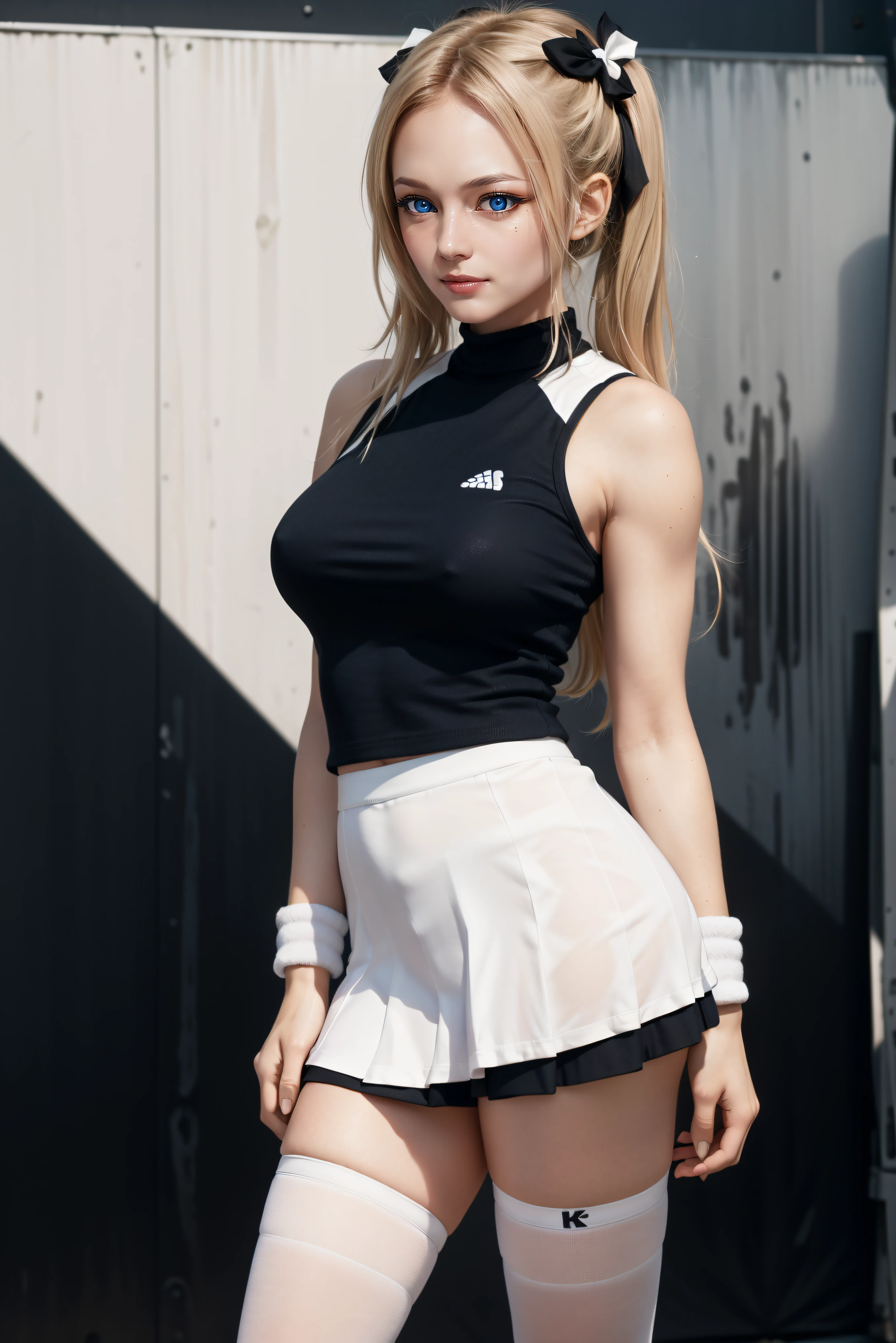 masterpiece, high res, 4k, (perfect anatomy:1.5), perfect long legs, perfect arms, sexy face, rose cheeks, white stockings, tennis player, cute black and white tennis outfit, black mini pleated skirt, full body, long blonde hair with white bows and ribbons, pigtails, tiny body, large breasts, dark blue eyes