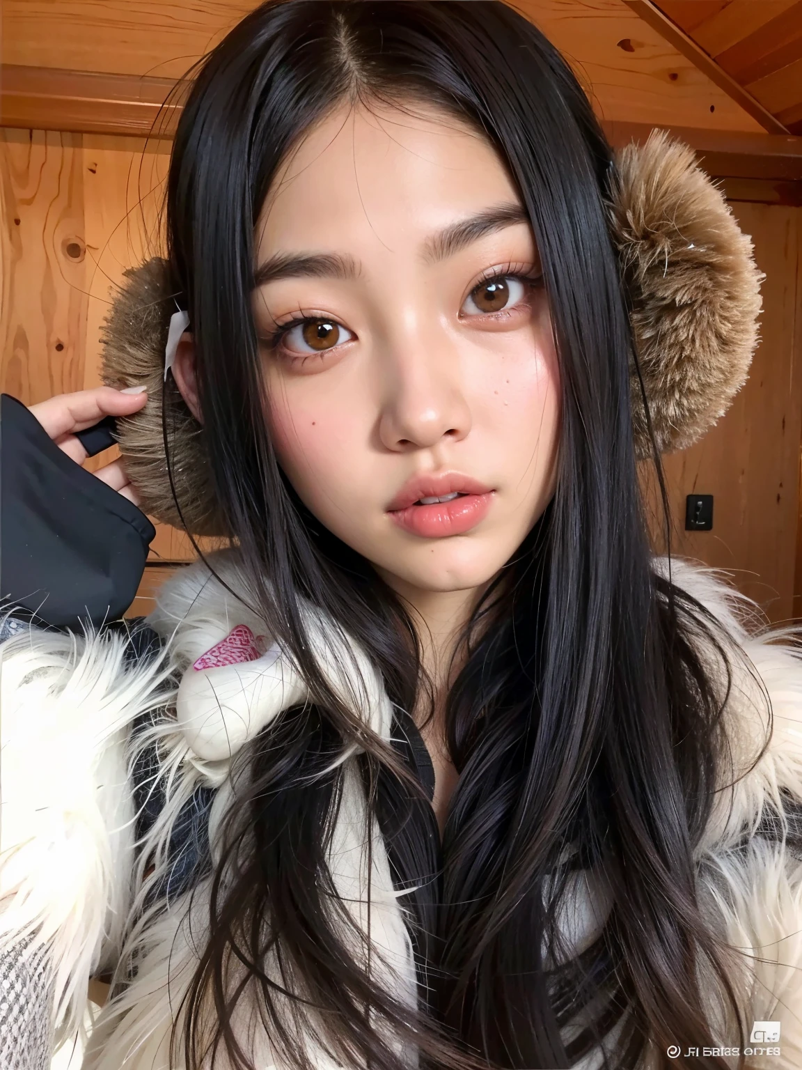 um close up de uma mulher com longos cabelos pretos usando um casaco de pele, linda Delphine, young cute wan asian face, Rosto bonito das meninas japonesas, cabelos pretos e olhos grandes, Asian face, Beautiful Asian girl, Shikami, Sui Ishida com cabelo preto, jennie blackpink, Deusa japonesa, Xision Wu, japanese facial features, young adorable korean face