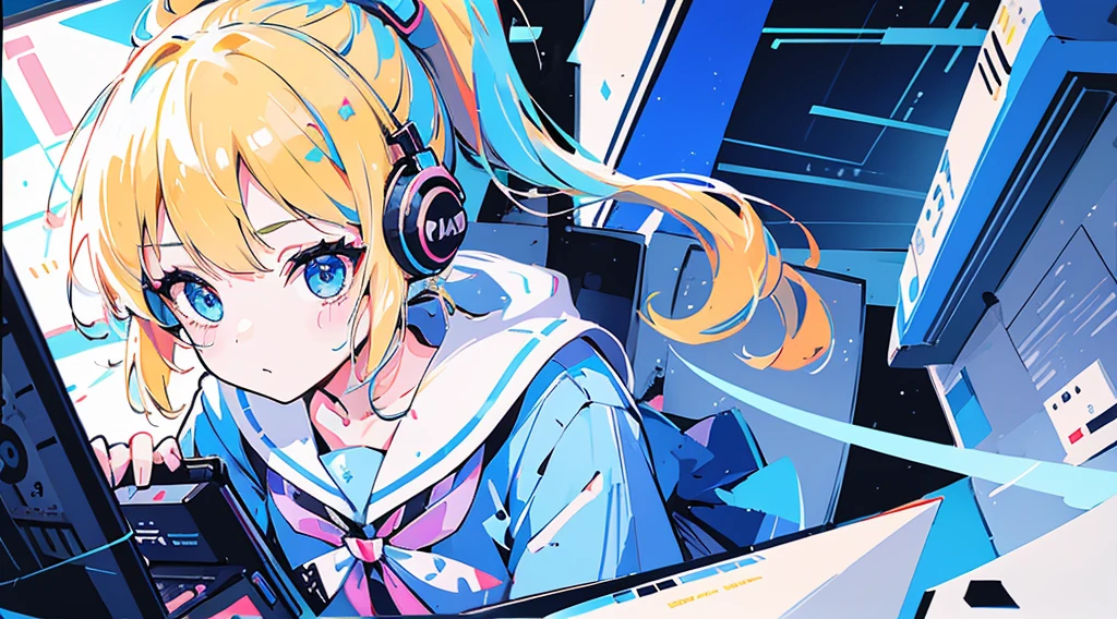 (1 girl, blonde hair, ponytail, blue eyes, sailor suit, headphone, kawaii), (blue cyberpunk, room with big monitors, blue neon)