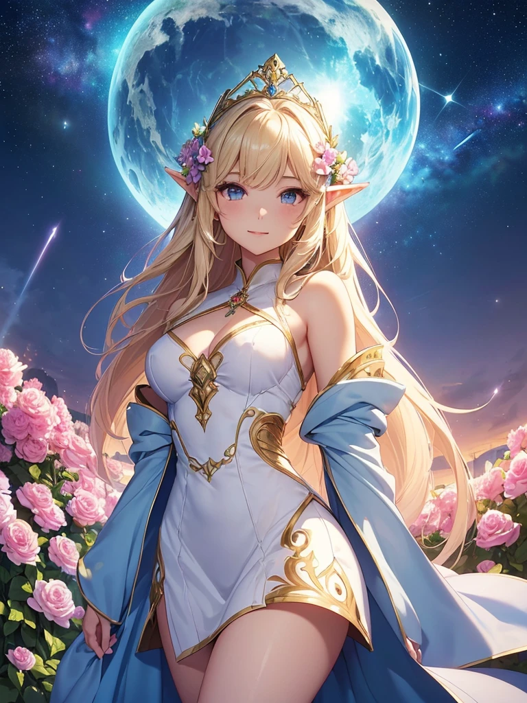 top-quality、Top image quality、​masterpiece、Super beautiful elf beauty((24 year old、Best Bust、big bast、Bust 90,beautiful blue long ironed hair、a blond、A sexy、A slender、a closeup、Esbian、beautiful tiara、hiquality、Beautiful Art、Background with((starrysky)))masutepiece、visualart、depth of fields、low angle of morning sky、、Elven ears、、light magic、space knight、harp melody🎵、Happy smile、Gentle light、、Beautiful legs that are gentle on the skin、、、Number of fingers to achieve precise finger movements、ticker beautiful dress、elegent、Mystical　Rosa、　field under the flower garden、Marble pillars, beautiful dressy)light to the world！prayer of hope🙏、Open your arms、appreciate！