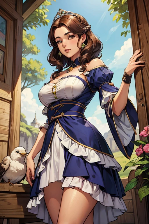 Quatro garotas Pegoraro semi-humanas juntas, cabelo de ovelha branca, chifres de ovelha, Bonito, vestindo roupas de princesa, Dutch angle, arte detalhada. (SFW)