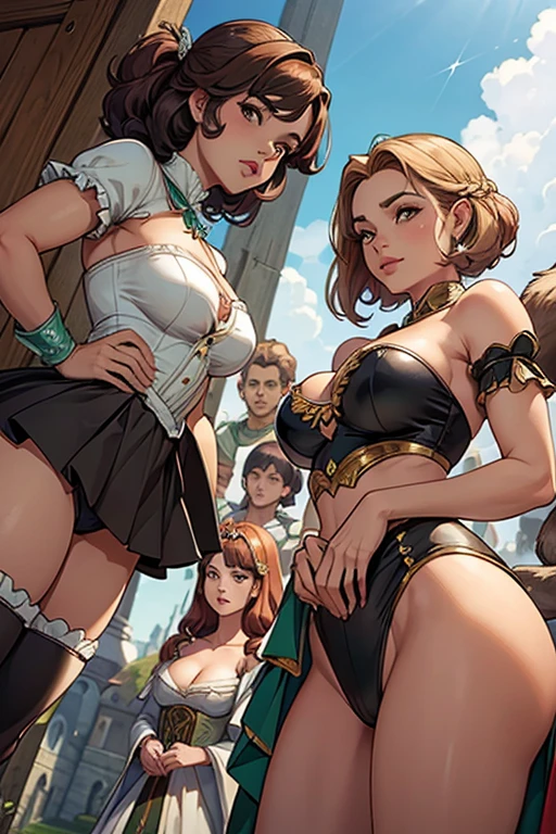 Quatro garotas Pegoraro semi-humanas juntas, cabelo de ovelha branca, chifres de ovelha, Bonito, vestindo roupas de princesa, Dutch angle, arte detalhada. (SFW)