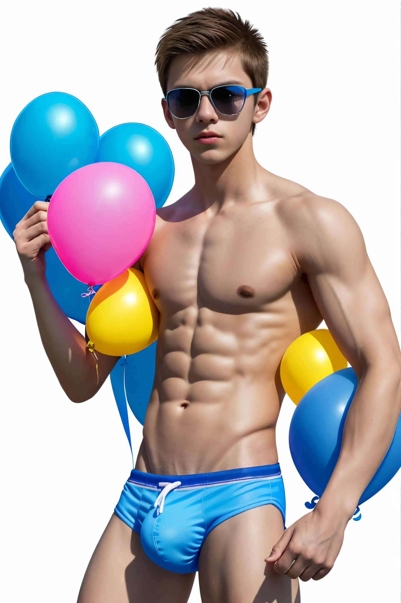-yeld bopopping big blue balloon, wearing blue speedos, shirtless, abs, thin body, slim body, hugging pink balloons, popping yellow balloons, handsome, youthful, boyish, cute, black military sunglasses, rayban aviators, photography, realistic, indoor soft lighting
