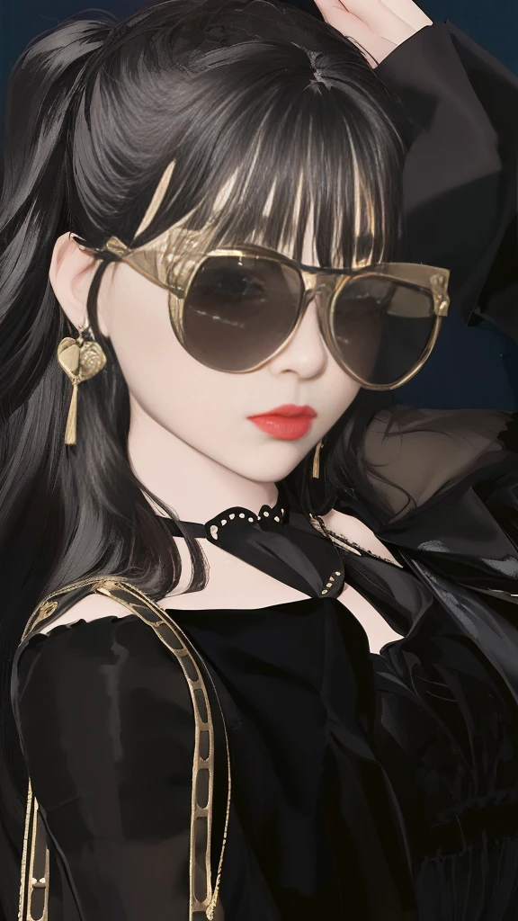 there is a woman with sunglasses and a black dress posing for a picture, wearing victorian dark goggles, wearing dark victorian goggles, imvu, inspired by Sim Sa-jeong, second life avatar, !!wearing modern glasses!!, wearing victorian goggles, wearing glack glasses, portrait c 1 2. 0, portrait c 12.0, full body!! maximalist details