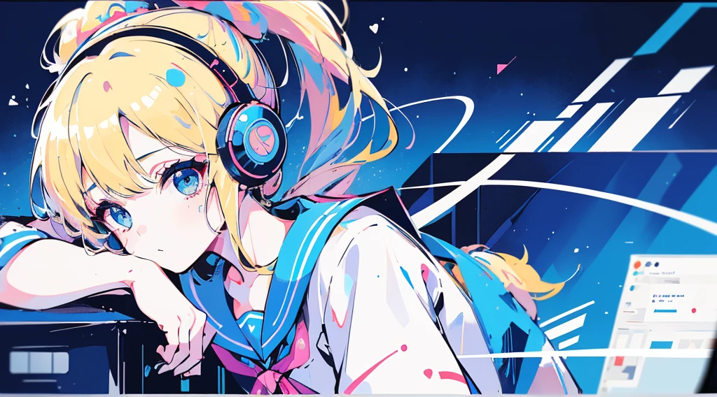 (1 girl, blonde hair, ponytail, blue eyes, sailor suit, headphone, kawaii), (blue cyberpunk, room with big monitors, blue neon)