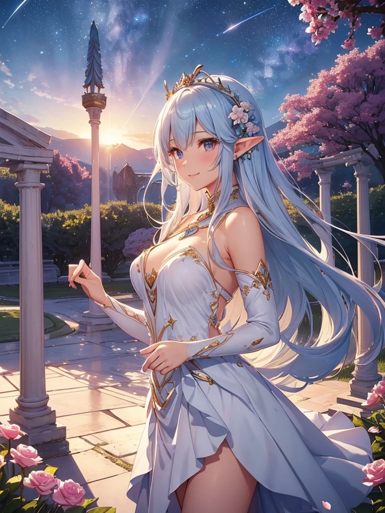 top-quality、Top image quality、masterpiece、Super beautiful elf beauty((24 year old、Best Bust、big bast、Bust 90,beautiful blue long ironed hair、a blond、A sexy、A slender、a closeup、Esbian、beautiful tiara、hiquality、Beautiful Art、Background with((starrysky)))masutepiece、visualart、depth of fields、low angle of morning sky、、Elven ears、、light magic、Space Knight、harp melody🎵、Happy smile、Gentle light、、Beautiful legs that are gentle on the skin、、、Number of fingers to achieve precise finger movements、ticker beautiful dress、elegent、Mystical Rosa、 field under the flower garden、Marble pillars, beautiful dressy)light to the world!prayer of hope、Open your arms、appreciate!This way、Thank you、speak with、friendly atmosphere
