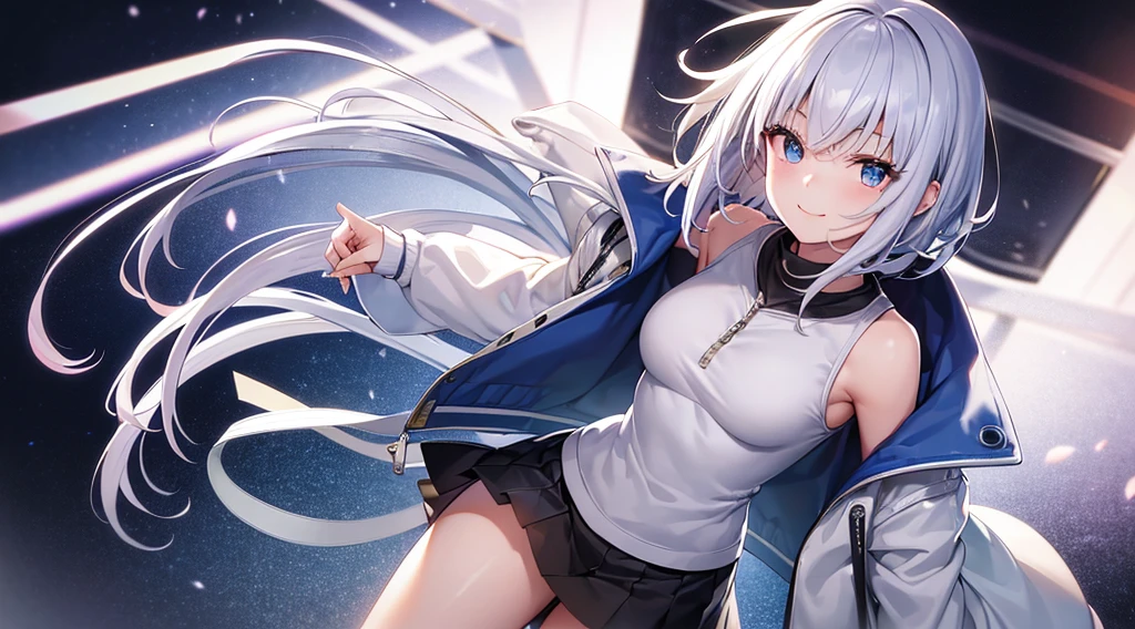 Ultra-high image quality,Look at viewers, hands behind back, girl with, 20 years old, Very short hair, long bangs between eyes, pale blue eyes, Hoodie, Skirt , Extremely detailed,(​masterpiece、top-quality)、report、White hair、A smile、White skin as clear as snow、Fantastical, Silver hair, Black eyes, Beautiful eyes,, ???????, charmed, be smitten with audience, Hoodie, White hoodie,a black skirt,Hair is short,look down from above,(masutepiece, Best Quality:1.1),report, 1girll, Curve,White jacket, Casual style,Open jacket,  Cowboy Shot、report、Fluttering hair、a small face、hason、Bright smile、(parka、white sneaker fingers、Human hand)、(Detailed face) 、(top-quality: 1.4、tmasterpiece、 hyper HD、 Top resolution,、Very detailed、 profetional lighting,fantastic landscape, Sunlight,Shoulder out