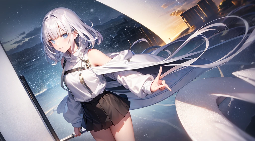 woman、Silver Hair、Short Hair、Braid、Blue Eyes、hair ornaments、Big Breasts、skirt、Wearing a hood、White hoodie combat uniform、sword、night、moonlight