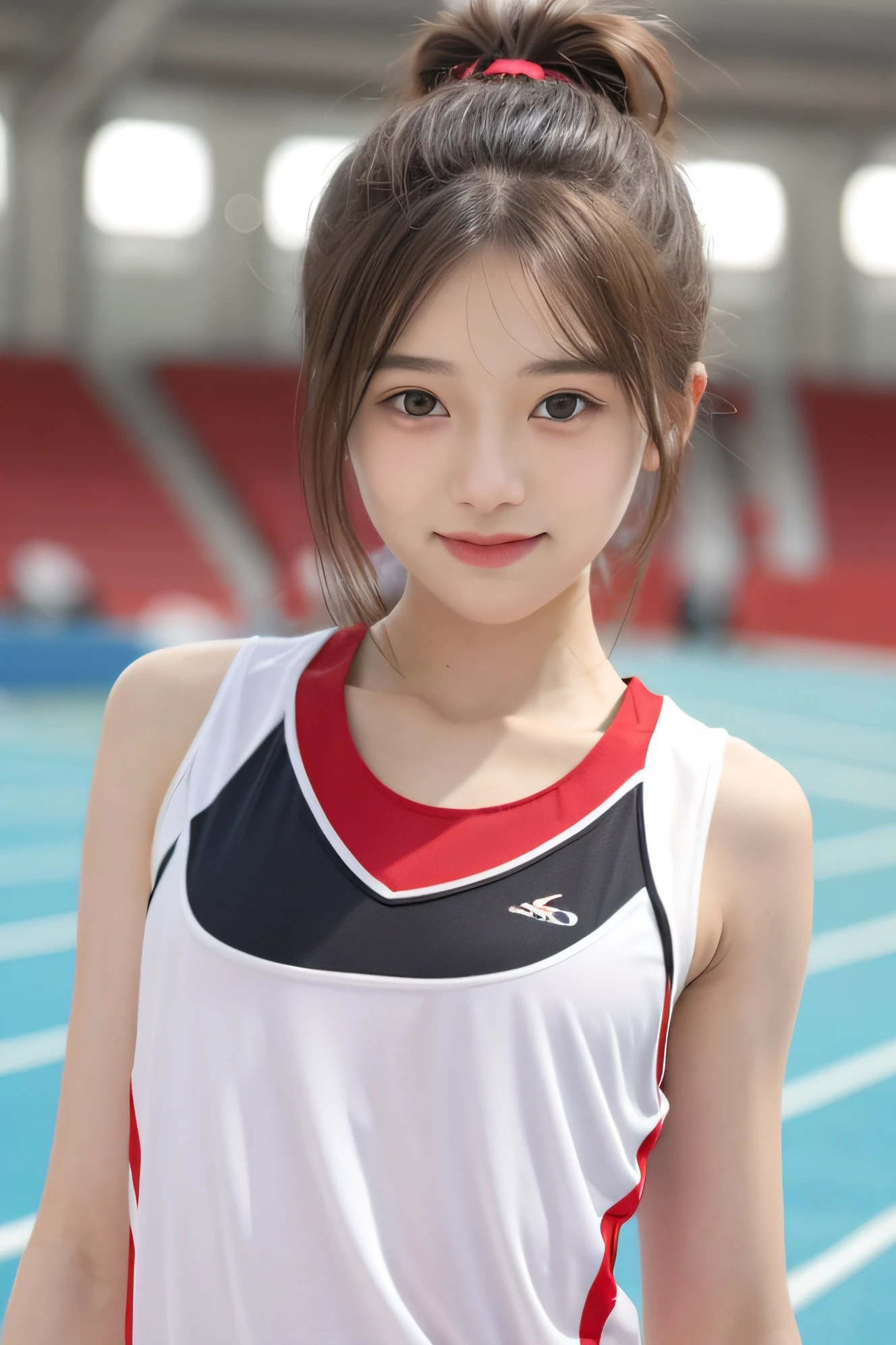 masutepiece、masterpiece、top-quality、ultra-detailliert、hight resolution、hight resolution、8K Portrait、High definition CG of Unity 8k wallpaper、Unity 8k壁纸、Highly detailed CG Unity 8k wallpaper、逼真、realperson、cute little、 Portrait photos、shinny skin、high-detail、(:1.2)、(女の子1人)、Beautiful clear eyes、Ultra-fine depiction、delicated face、Lovely lips、skinny body、big breasts thin waist、Thin leg、(Track and Field Arena:1.6)、(flat chest:1.8)、(track and field color uniform:1.4)、(Sleeveless:1.4)、(Nipples are see-through:1.3)、cute smile face、(Bun hair:1.3)、(FULL BODYSHOT)