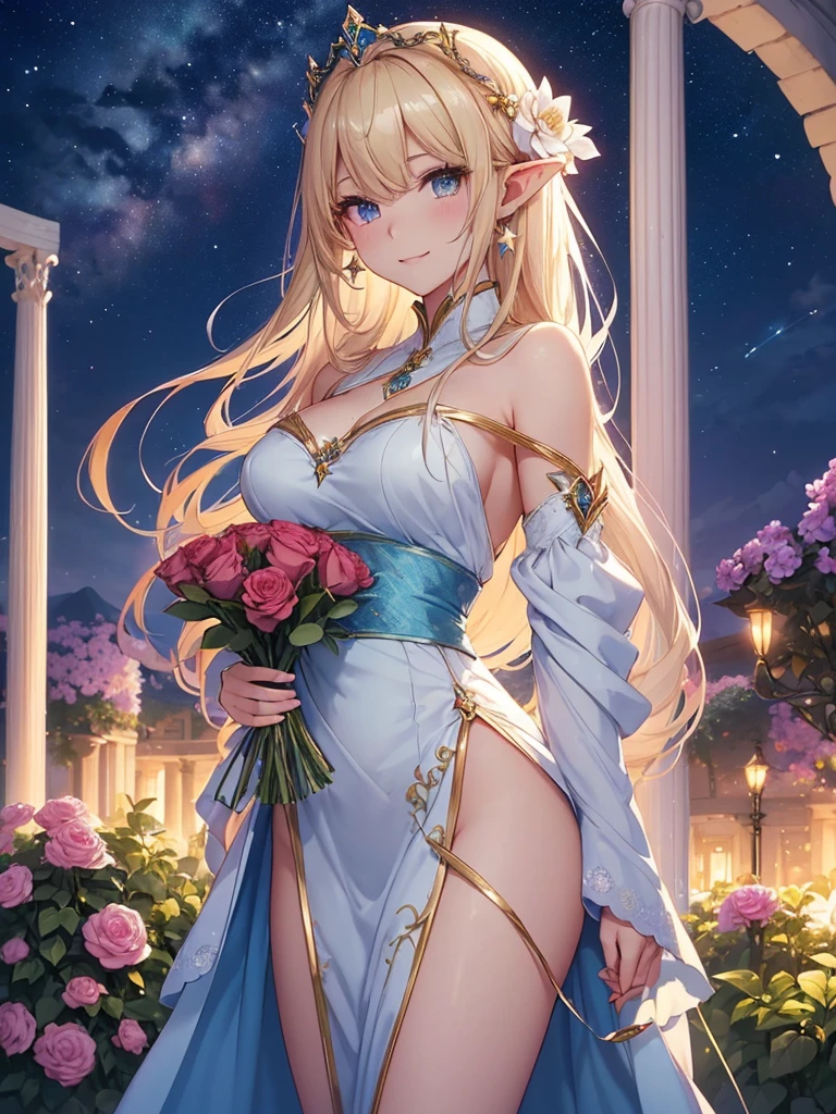 top-quality、Top image quality、​masterpiece、Super beautiful elf beauty((24 year old、Best Bust、big bast、Bust 90,beautiful blue long ironed hair、a blond、A sexy、A slender、a closeup、Esbian、beautiful tiara、hiquality、Beautiful Art、Background with((starrysky)))masutepiece、visualart、depth of fields、low angle of morning sky、、Elven ears、、light magic、Space Knight、harp melody🎵、Happy smile、Gentle light、、Beautiful legs that are gentle on the skin、、、Number of fingers to achieve precise finger movements、ticker beautiful dress、elegent、Mystical　Rosa、　field under the flower garden、Marble pillars, beautiful dressy)light to the world！prayer of hope、appreciate！This way、appreciate、Talk to、Friendly atmosphere、holding a bouquet of red roses