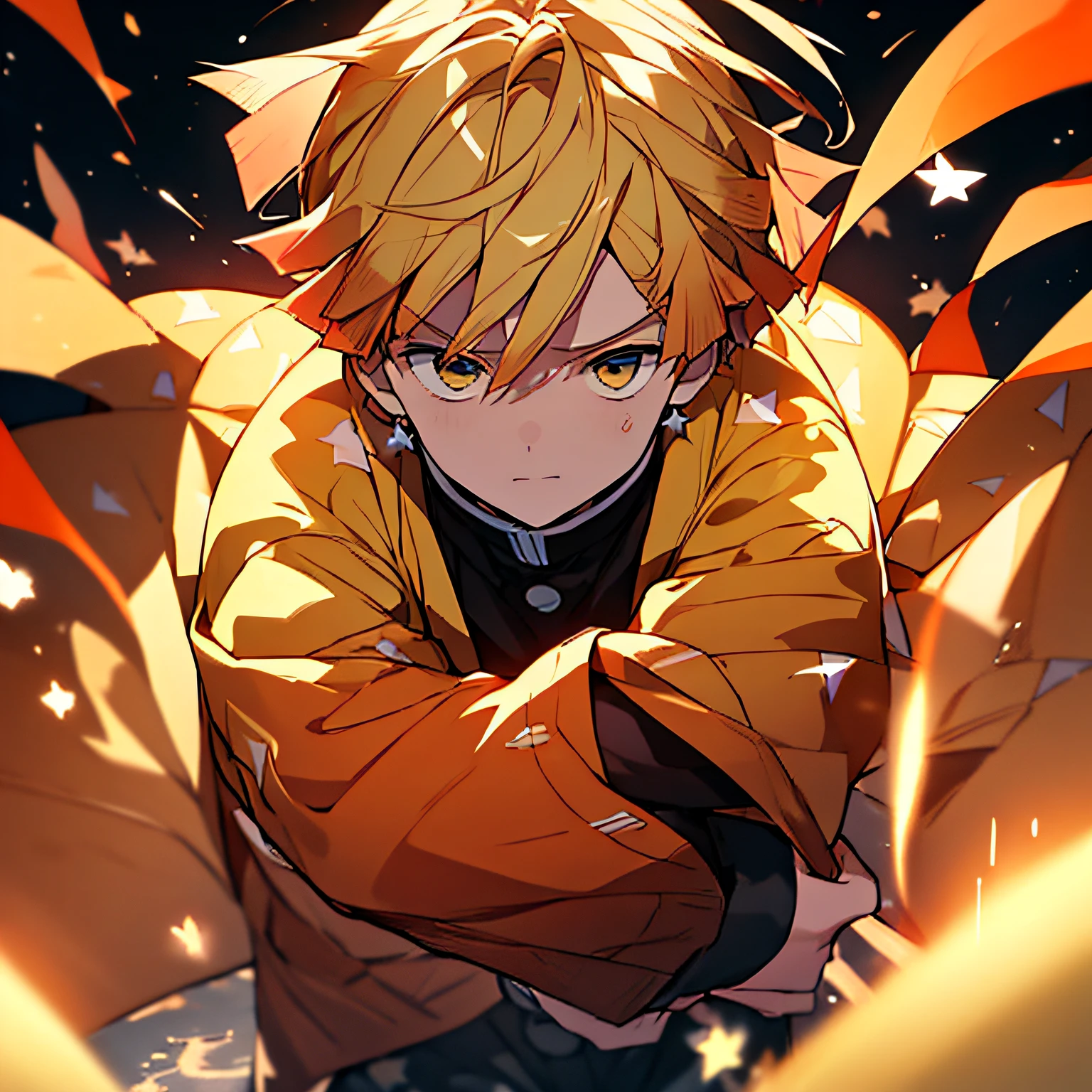 "Create intense 32K artwork of Zenitsu in a heated battle, draw a sword、emits orange energy. Styled by Stars Art Group Xing Xing、Achieving unique visual beauty. Explore all the details, From the folds of your clothes to the intensity of your gaze, ha、Fully rendered using Unreal Engine&#39;Niji 5 settings."