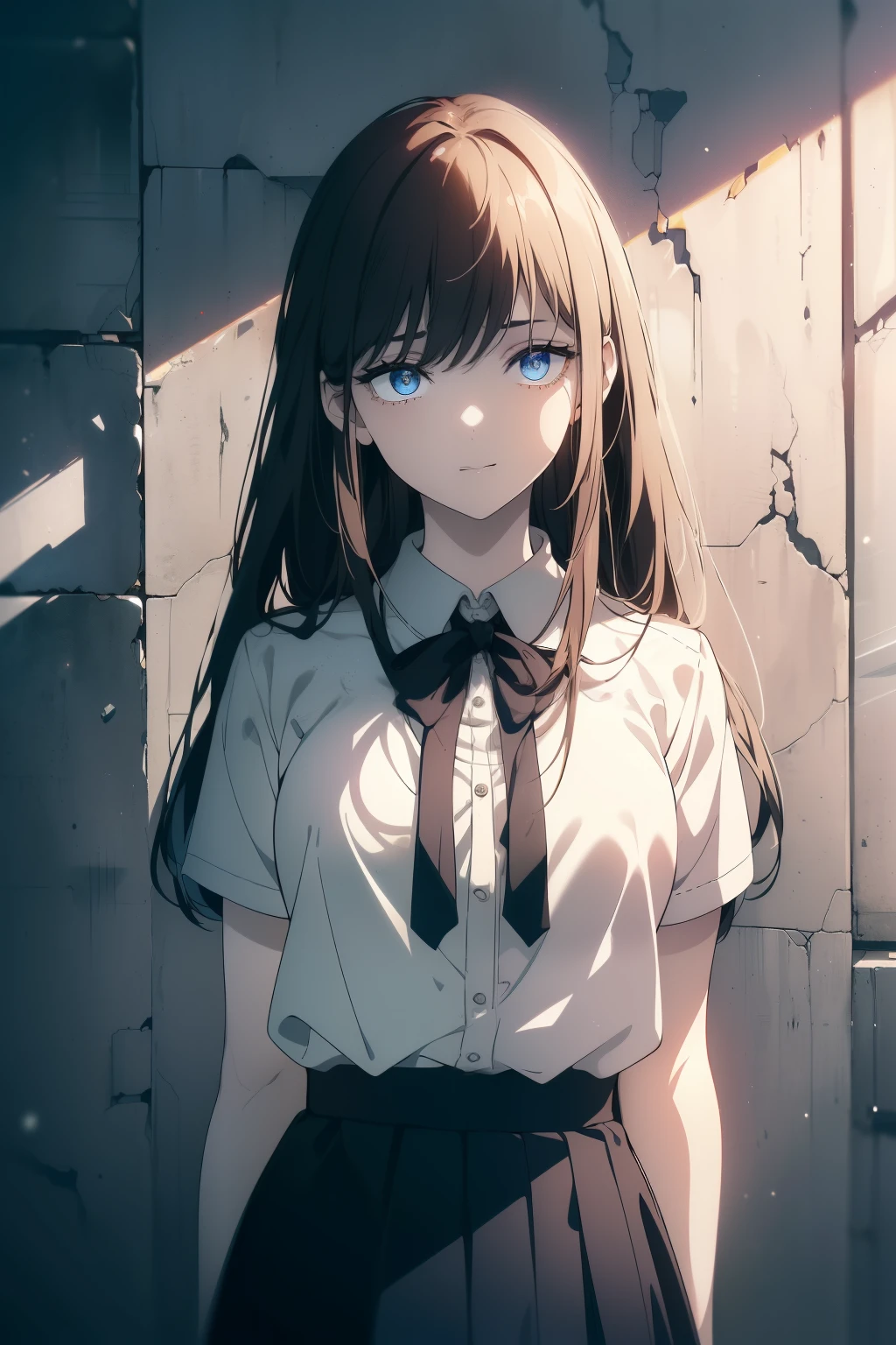 (Obra maestra, La mejor calidad, ultrahigh resolution), 1girl, standing, school uniform, white office shirt, black pleated skirt, ((light brown, light brown hair:0.7), long hair cut, pale skin, ((blue eyes)), glowing_eyes, neon eyes, (ultra detailed eyes, beautiful and detailed face, detailed eyes), ((centered)), smile, ((wide shot)), facing viewer, eye level, (blurry background, bright snowy background, winter), flat chested, looking at viewer, ((half closed eyes)), ((perfect hands)), (((head, arms, hips:0.7, elbows, in view))), ((hands behind back)), empty eyes, beautiful lighting, outside, outdoors, background, defined subject, 25 years old,