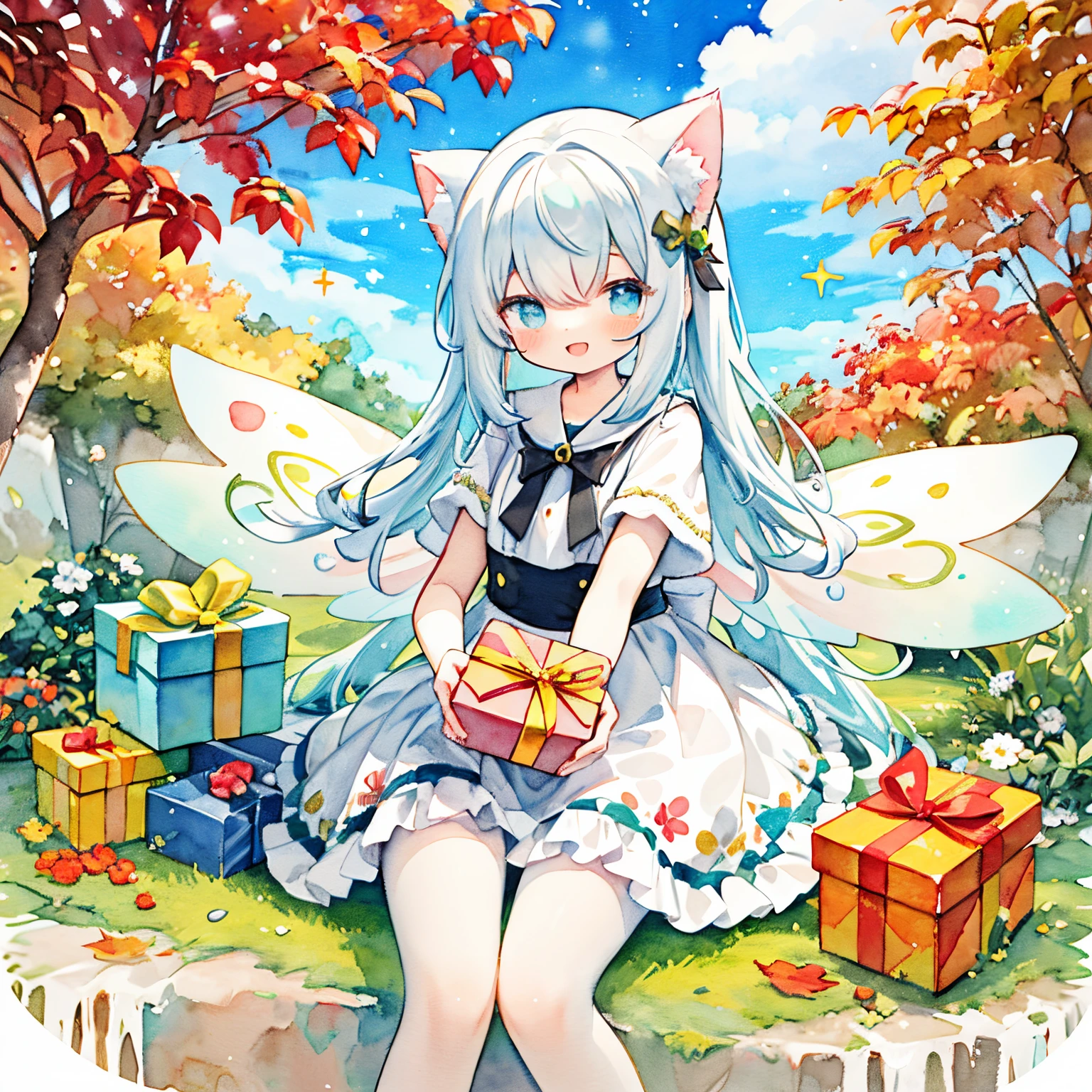 (PastelColors:1.3)、(Cute illustration:1.3)、(watercolor paiting:1.1)、(A girl wearing fairy wings made of autumn leaves：1.3),with a cat,Christmas Backgrounds:1.3,（lift a large gift box：1.5）,glitter、Falling from the sky,Head down, feet up, ,ultra wide-angle ,Detailed background、Smile with open mouth、Beautifully detailed、Moya、colourfull、marble、Particles of light、patterns、