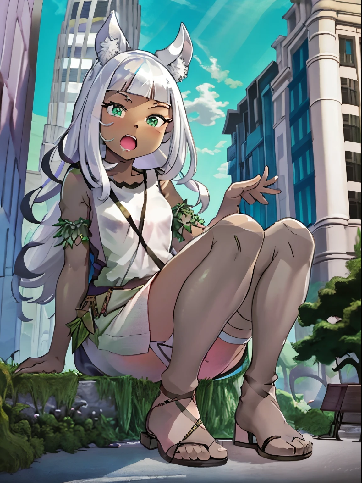 Ochette, 1girl, dark skin, white hair, city, green eyes, giantess, huge, 70 ft tall, cute, full body, best quality, pink dress, metal bracelets, skyscrapers, flat ground, street, ground visible, black shorts, adorable, kind, gentle, empty hands, small build, slim, curious, detailed mouth, size difference, sitting on building, sandals