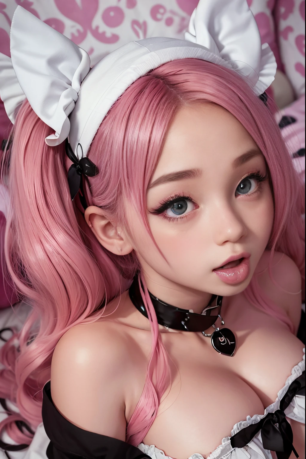 Face close-up Pink black haired woman in a white and black outfit laying on a bed, belle delphine, ahegao, anime vibes, ahegao face, anime barbie in white stockings, shikamimi, webcam footage, highly realistic. live cam, y 2 k cutecore clowncore, pink twintail hair and cyan eyes, blonde hair and large eyes, low quality video