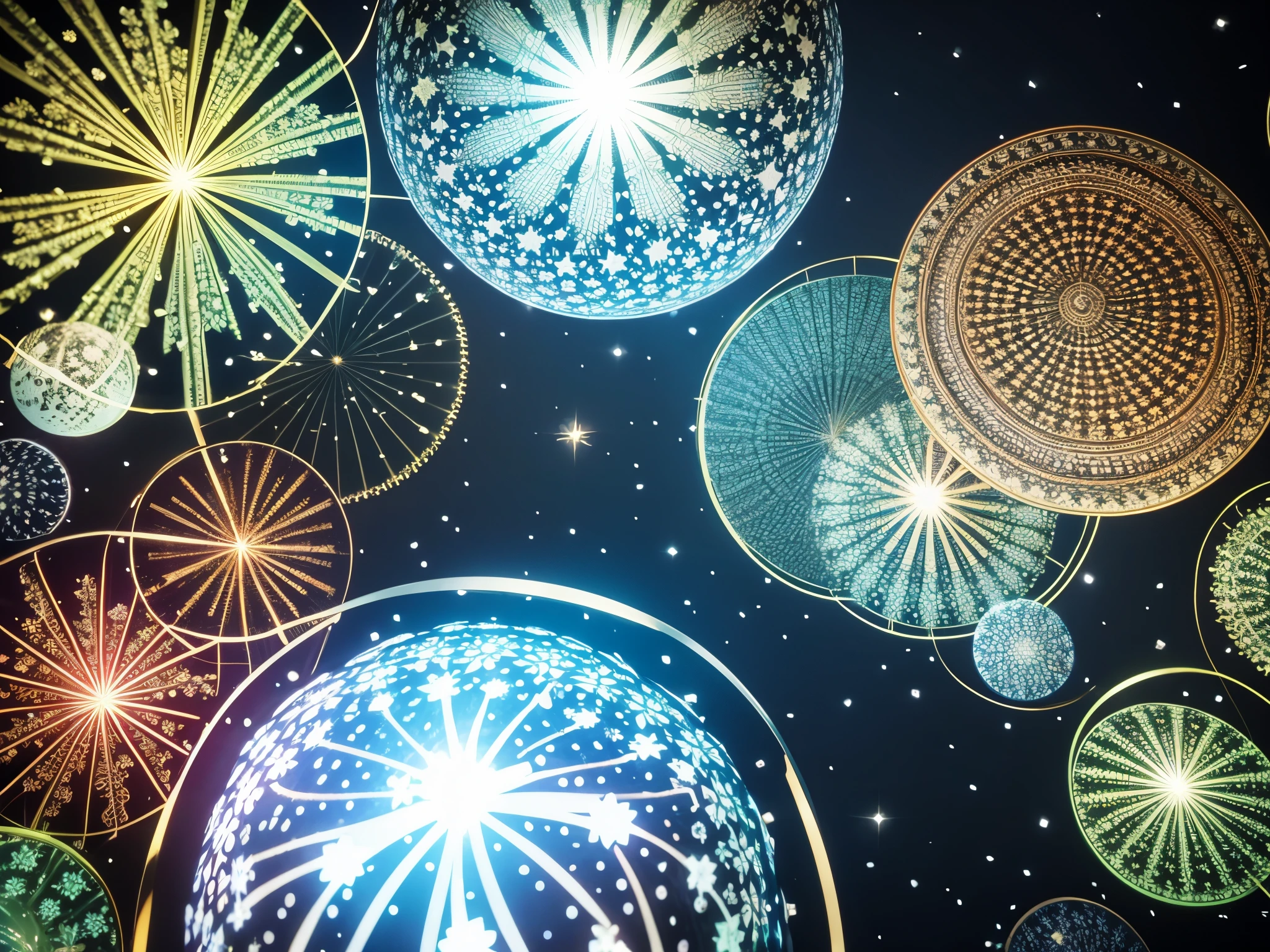 Fractal Glow of Christmas Lights Zoom in closely to reveal fractal patterns within the glow of 3D Christmas lights, creating a mesmerizing visual experience. Add depth to this intricate scene.