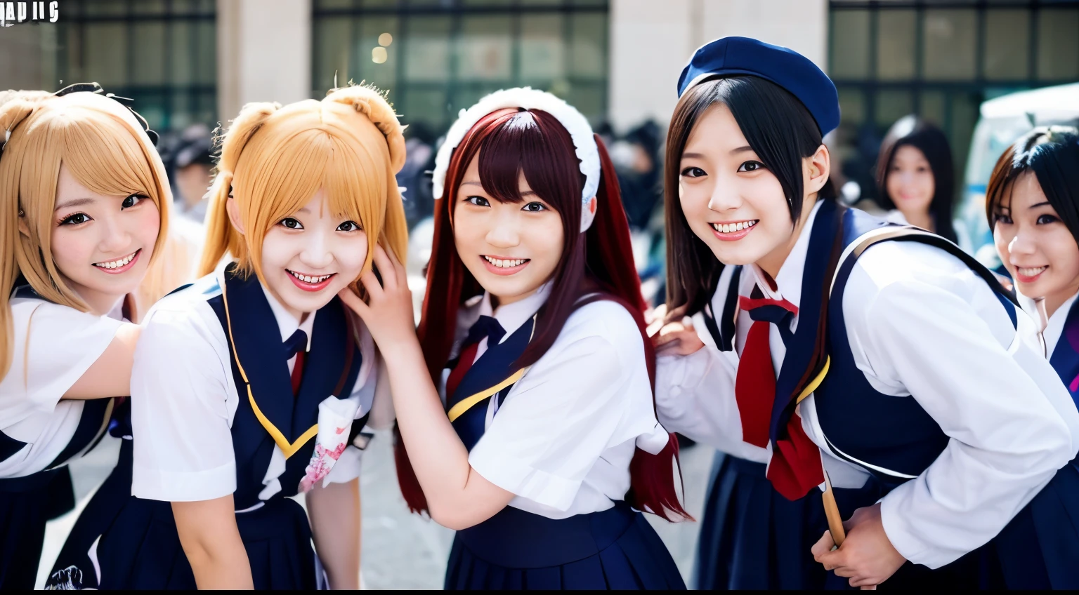 A group of beautiful and adorable Japanese supermodel cosplayers, In uniform、With a cute smile,Smiling and brutally bullying a man with violence.....。