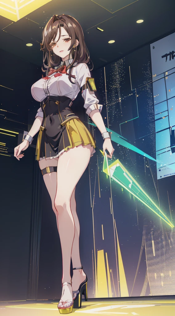 (portrait, gotou airi), (long legs, thick thighs, narrow waist:1.2, wide hips:1.4), (thick lips), lipstick, long eyelashes, long dark hair, (thin toned body, cyber circuits corset). (biologic translucent tight long skirt), (luminescent crystalline sexy platform heels). (futuristic holographic legwear), mature, detailed face, detailed body