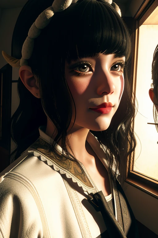 master part, (fundo ultra-detalhado, delicate pattern, intrincado detalhado), (alto detalhe, detalhes finosqualidade, luz bonita, 4meninas, Four semi-human Pegoraro girls together, white sheep hair, sheep horns, pretty, wearing princess clothes, Dutch angle, detailed art. (sfw) fundo de detalhes intrincados, Inside, meio escolar, sala de aula, quadro-negro, ((tiro de close up, retrato)),
