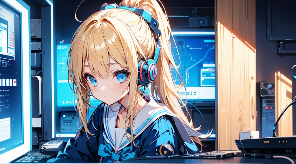 (1 girl, blonde hair, ponytail, blue eyes, sailor suit, headphone, kawaii), (blue cyberpunk, room with big monitors, blue neon)