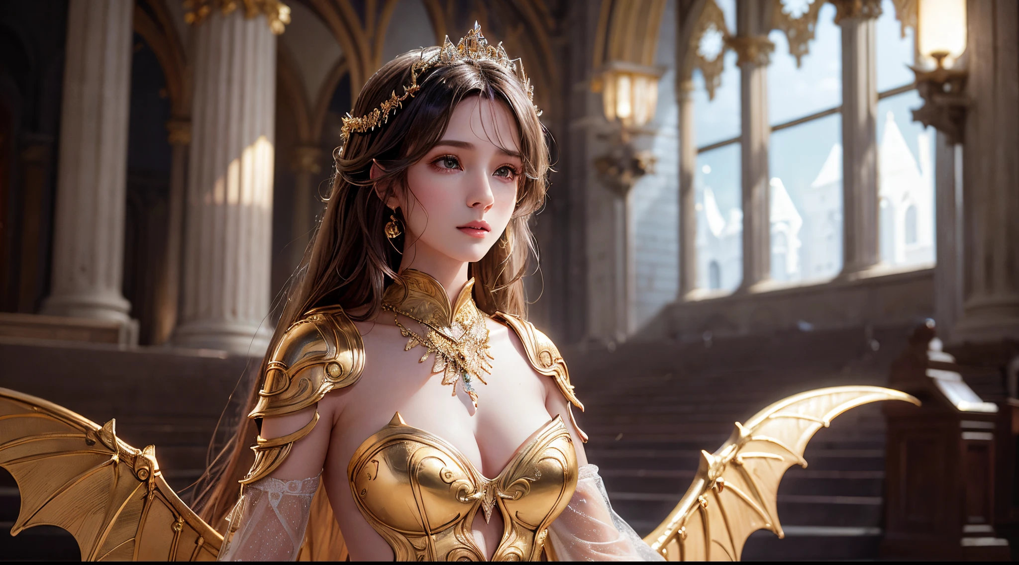 tmasterpiece,quality,Best quality at best,offcial art,(Beauty and aesthetics:1.2),(tmasterpiece:1.3), (8K, realistically, RAW photo quality is the best: 1.4), beauitful face, (photorealiscic face),超高分辨率, ultra real photo, The content is very detailed, the golden ratio, (with dynamism:1.3),(saturate:1.3),illusory engine, (high detal: 1.9),(femele:1.4),(Sexy figure),A mature woman,Bat wings,Gorgeous armor,Background church,Medium portrait,theatrical,(magia),(medieval times:1.8)