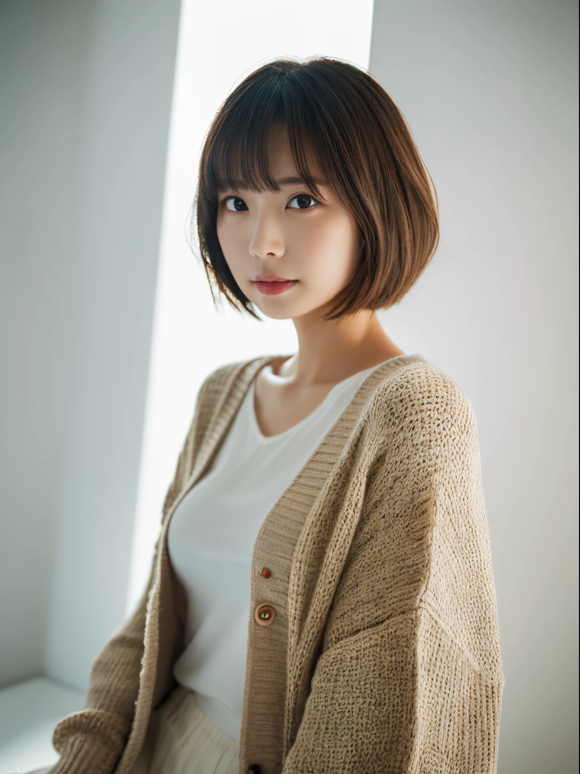 ((masutepiece,top-quality)), (photographrealistic:1.4),((masutepiece,8K)),hight resolution,Studio Soft Light, Rim Lights, vibrant detail, realistic skin textures,Japanese, 1 beautiful woman, Short hair, Wave hair, faint thin bangs, make - up, 38 years, Detailed skin, cardigan, wide-leg pants, Standing, White background, White Room,white walls, fully body photo, Looking at Viewer