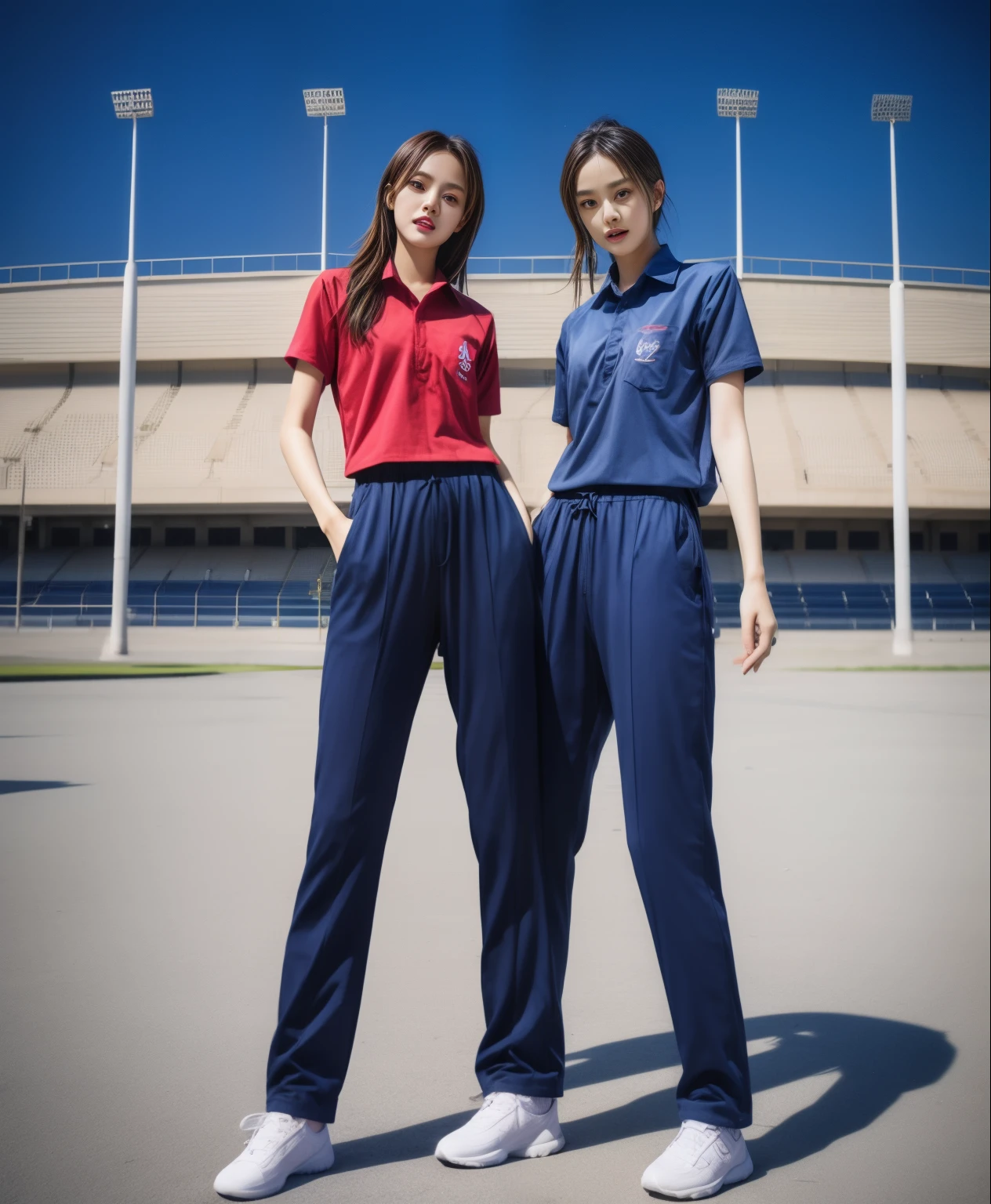 (bestquality,10,10,highres,masterpiece:1.2),ultra-detail,(Realistic,photorealistic portrait,photo-realistic:1.37),1 Cute girl in the football field,oily shiny skin,bara,light smile,BDclothelue shirt:1.3)),short sleeves,shirt, trousers.,(navy_long_Pants Track:1.1), ((Stadium Background:1.3)),dynamic angle,excited,face focus,Dynamic Poses,from behide,Ass Focus,masterpiece, bestquality, ultra realistic, hyper-detail, 8k resolution, RAW photo, crisp focus, ((Navy blue shirt:1.1)), short sleeves, Long Path, Perfect body, 2 mature women, 18yo, cinematic light,Blue sweatpants,Gymware,Correct anatomy,Complete body, Correct body, sharp face, Anatomically correct body, full entire body, Realistic gestures, long-haired, Realistic poses,Wear long shorts................................,Long leg span,Shapely,Sculpting Girl, Slender Figure, mannequin mannequins, Shapely, Beautiful body,Blue sweatpants, Two girls kissing
